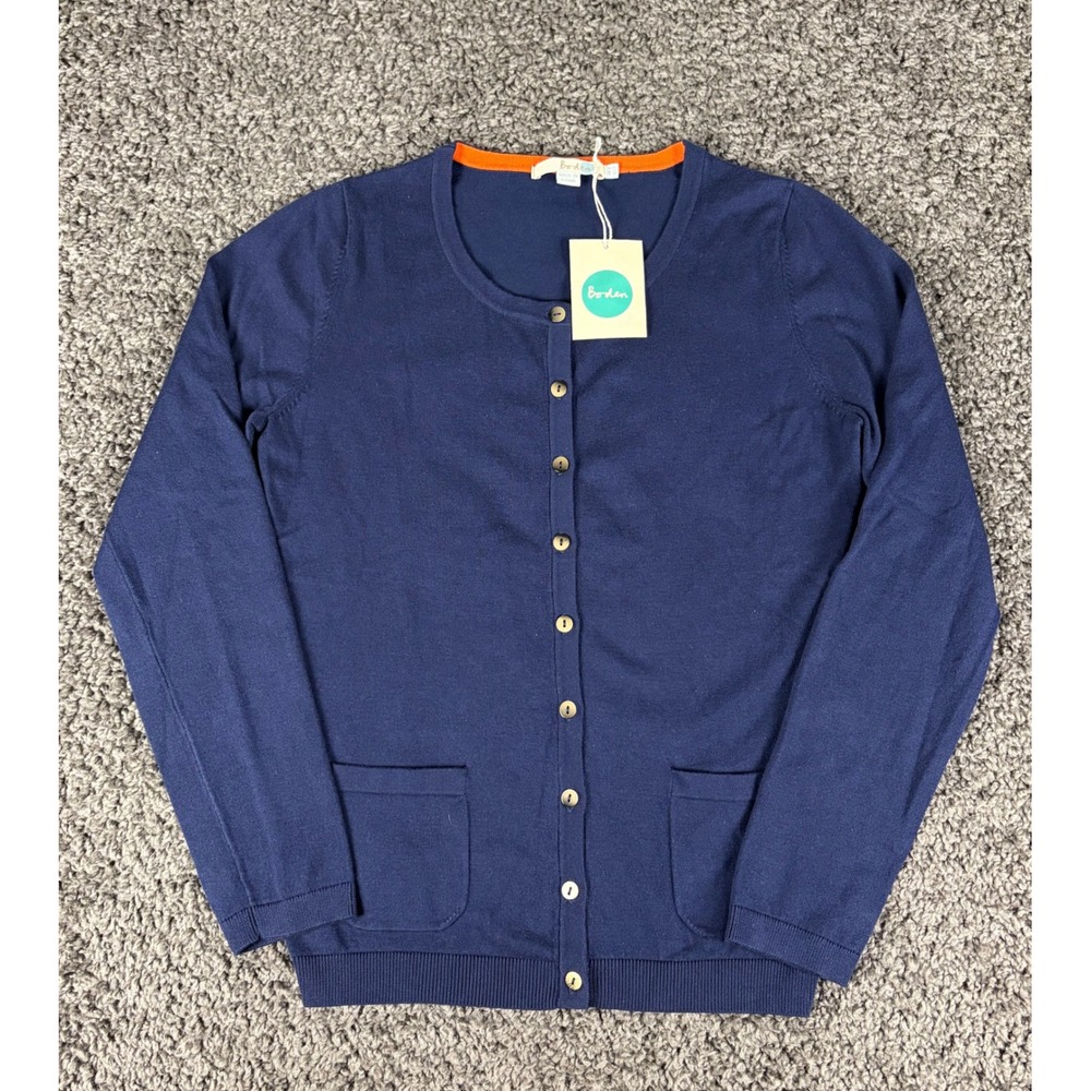 Boden Navy Blue Cotton Blend Button Front Crew Neck Cardigan Sweater US 4 NWT